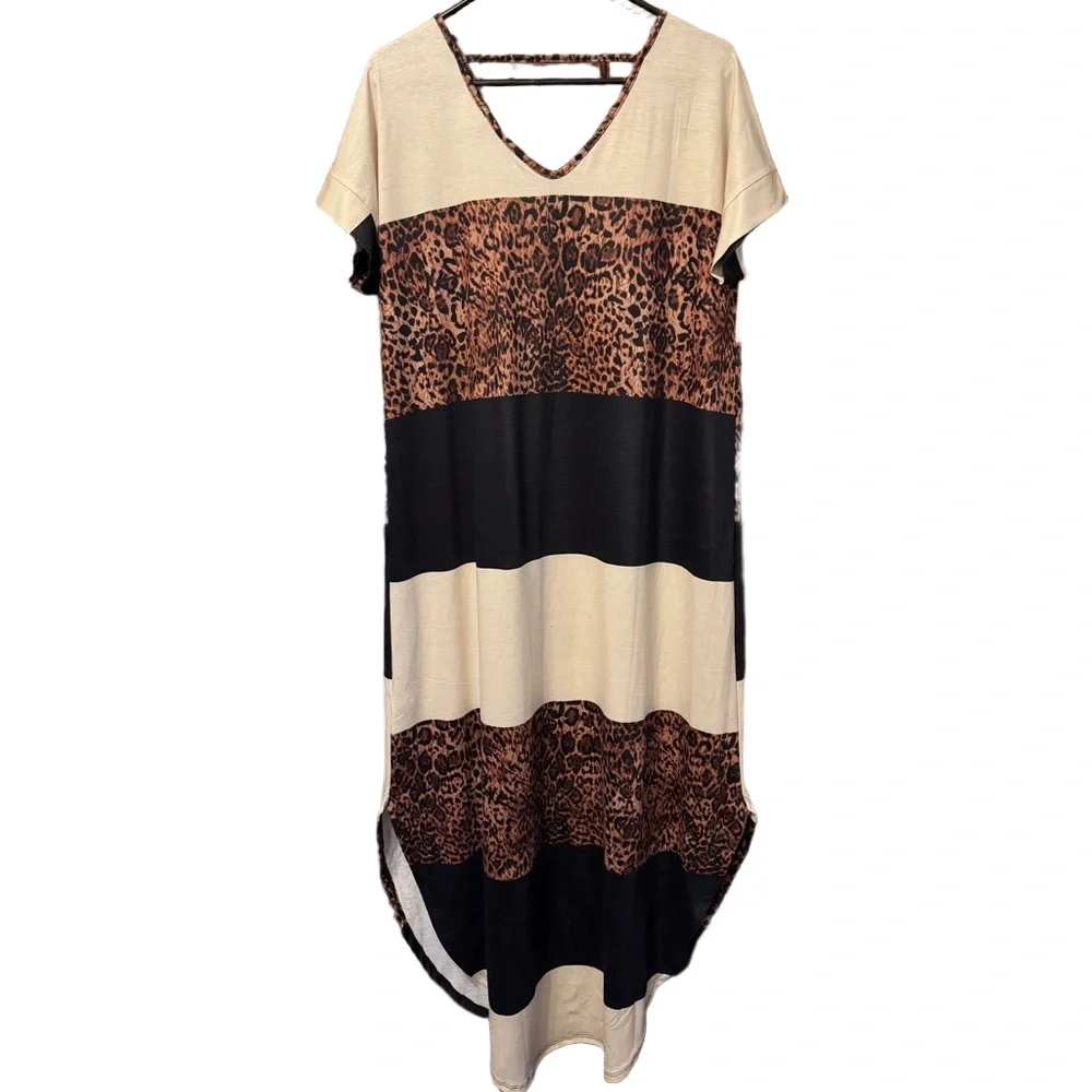 LuLaRoe Macy V-Veck Cream and Black Maxi Dress with Leopard Accents NWT Size M - Picture 5 of 7